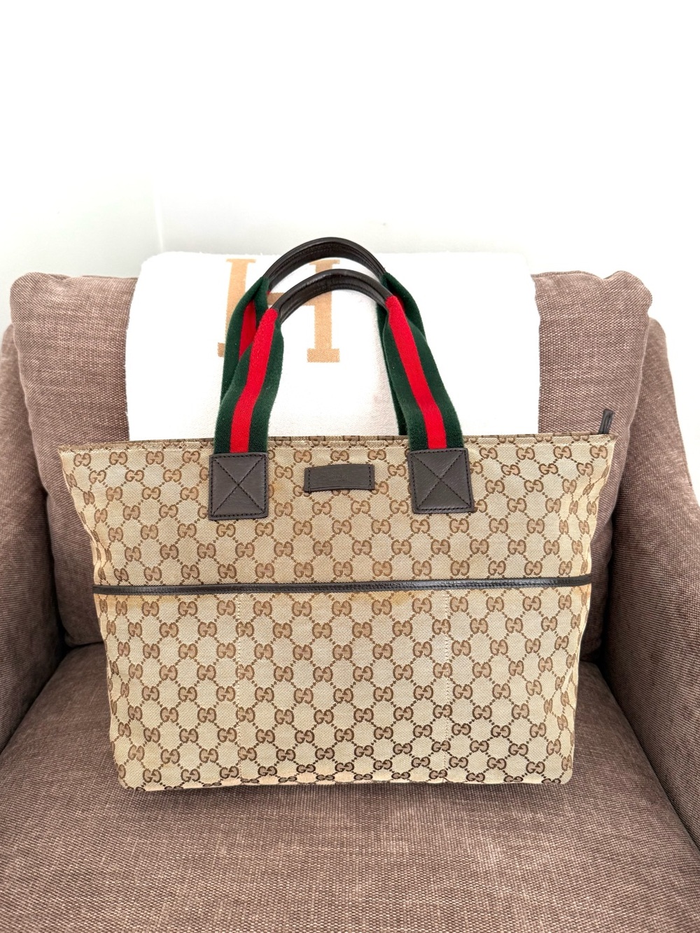 Gucci authentic tote bag brown monogram canvas diaper bag red green handles